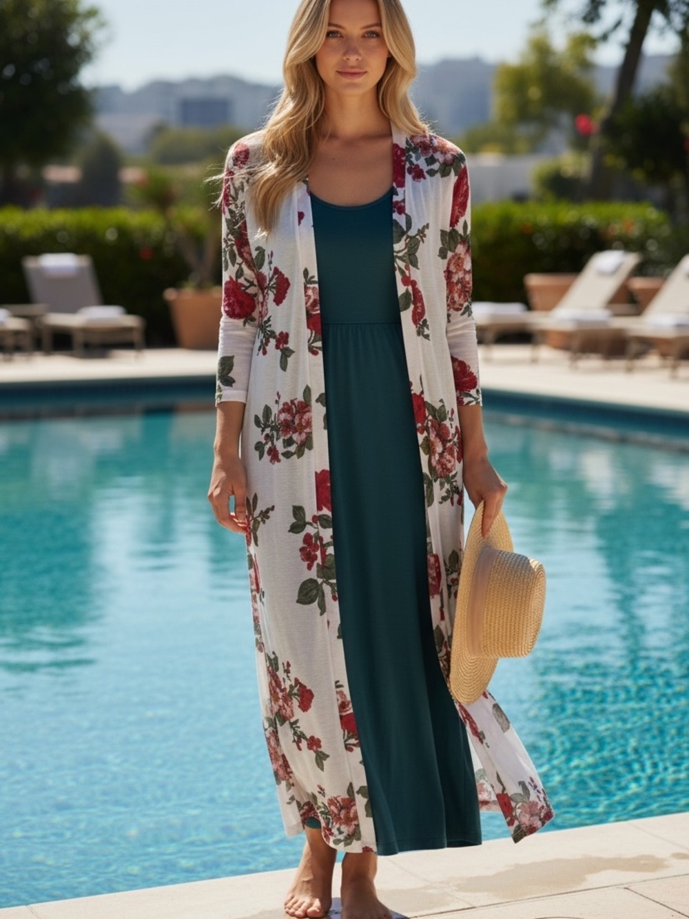 LOVE J SHEER MAXI RED ROSE FLORAL COASTAL COWGIRL DUSTER OR SWIM COVER-UP SIZE M